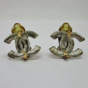 CHANEL CC Logos Clear Lucite Clip-On Earrings Gold Tone 02A Auth w/Box #3180